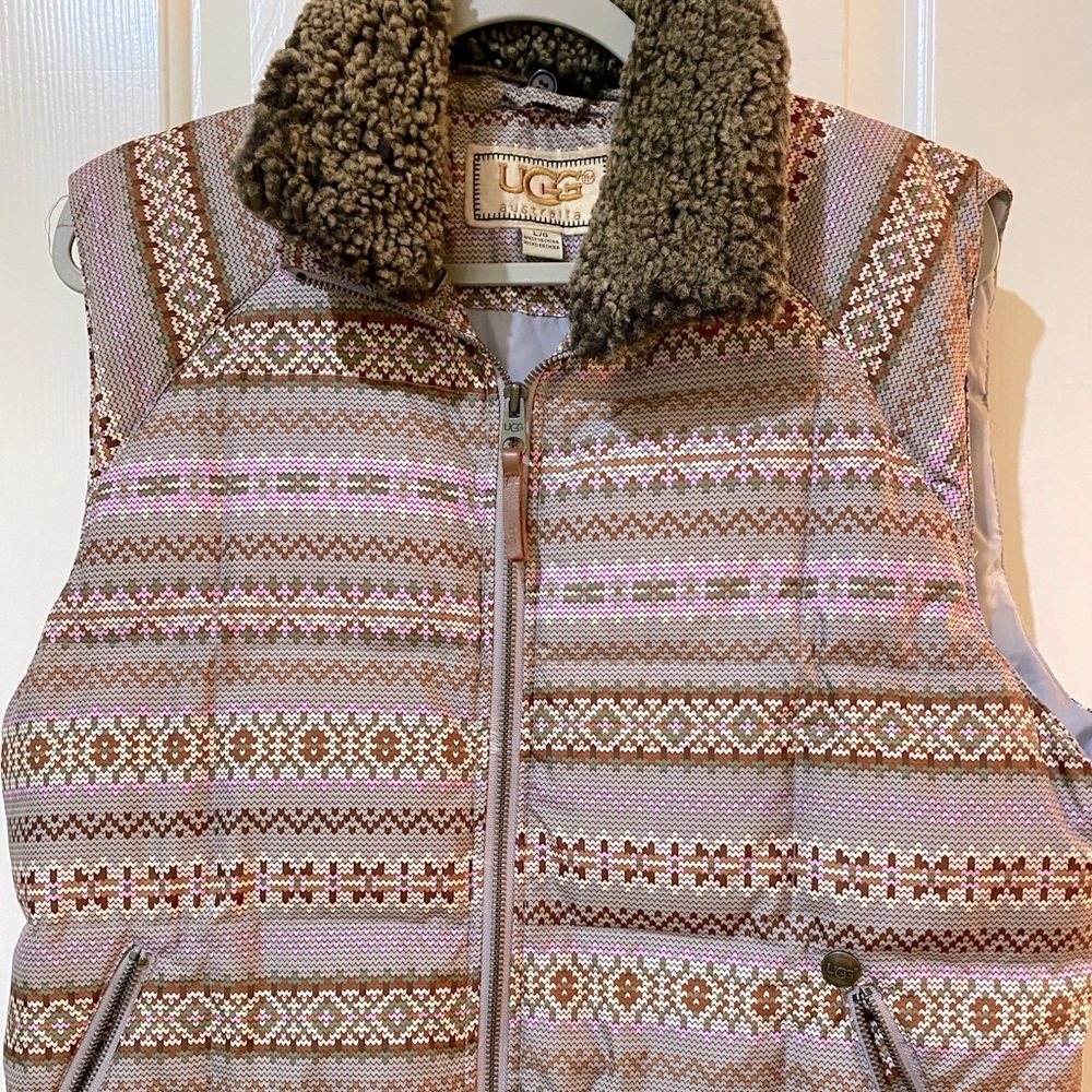 Women’s Purple Tribal Print Ugg Australia Puffer Vest with Fur Collar-Large